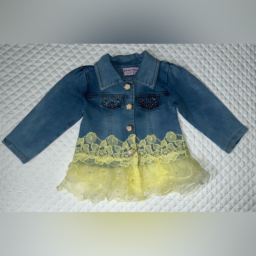 Peacolate Girls Denim Jean Jacket w/ Floral Yellow Bottom + Rhinestones Size 8